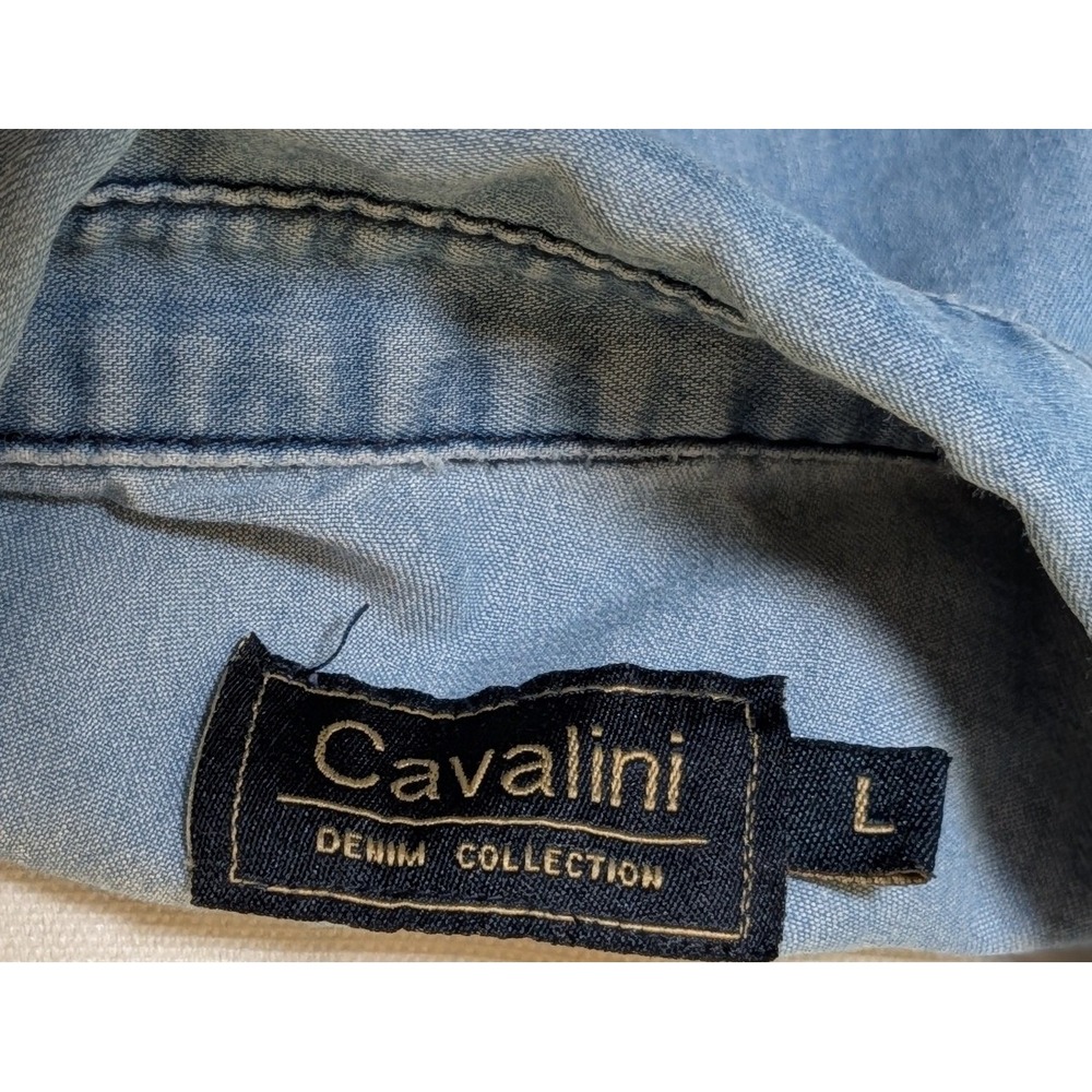 Cavalini Denim Collection Light Wash Ribbed Side Button Down Shirt Large TP168M - Picture 4 of 7